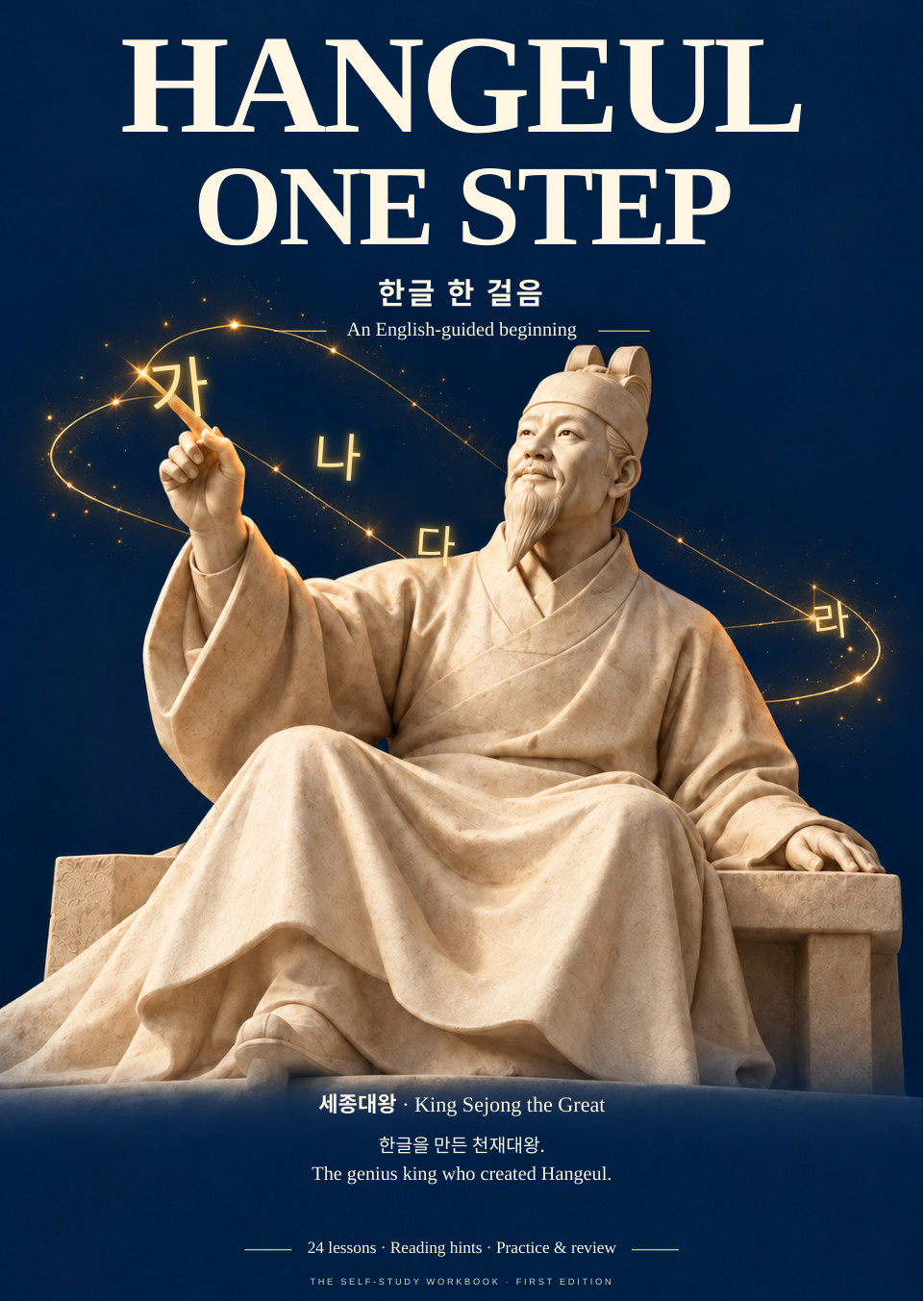 Navy Hangeul One Step workbook cover with an AI-generated illustration of King Sejong the Great